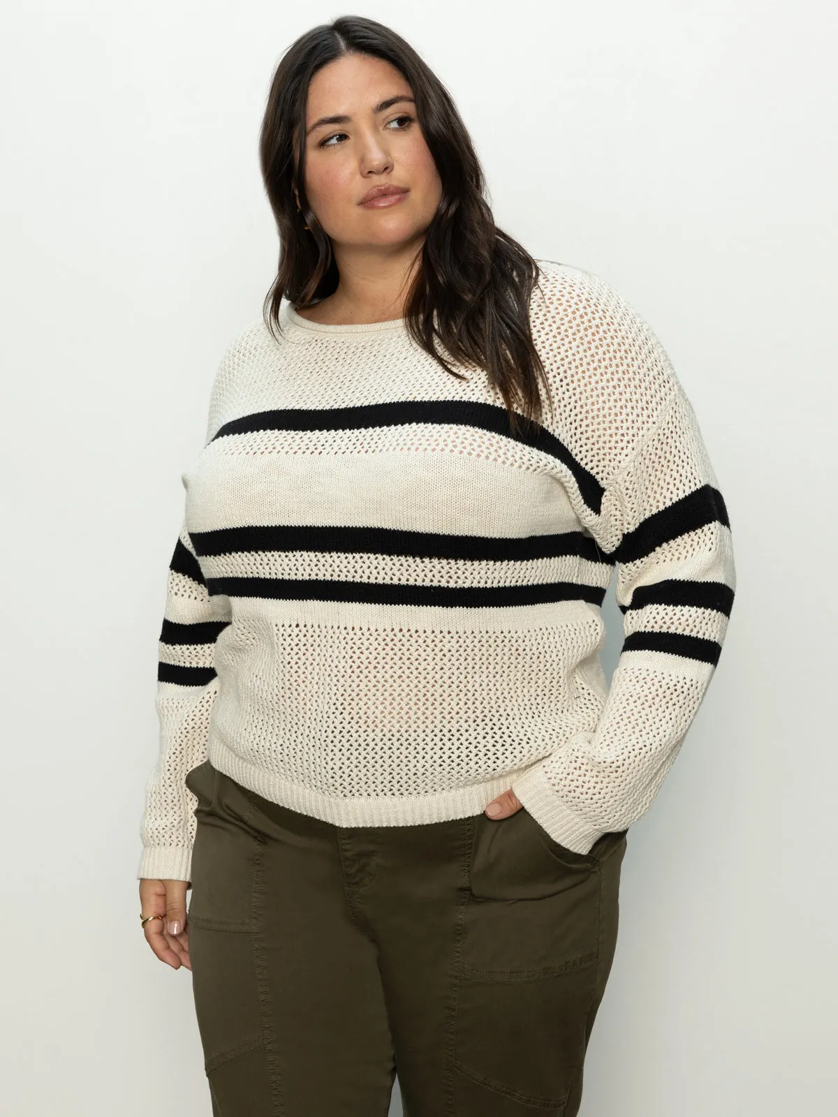 Sporty Stripe Open Knit Sweater Eco Natural / Black Stripe Extended Sizing