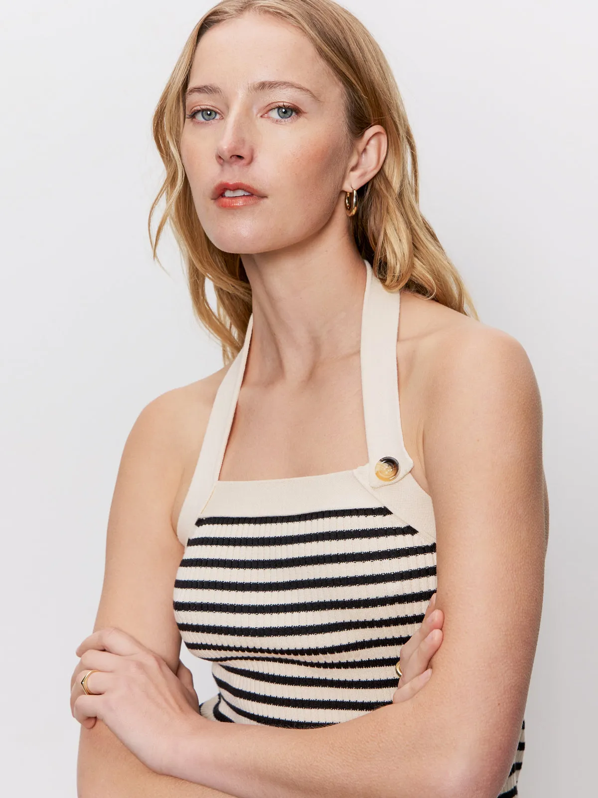 Sunkissed Rib Halter Top Black Macrame Stripe