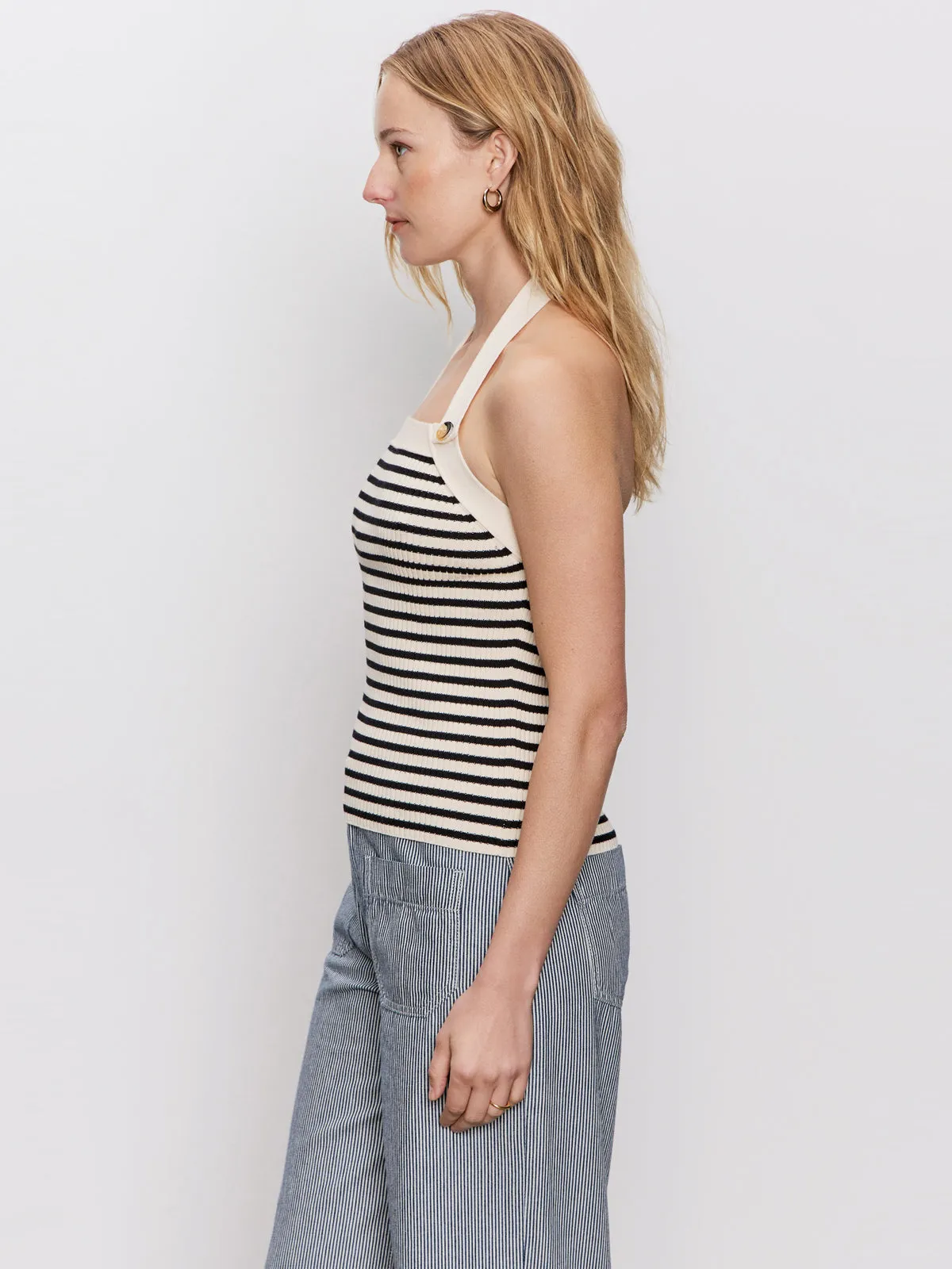 Sunkissed Rib Halter Top Black Macrame Stripe