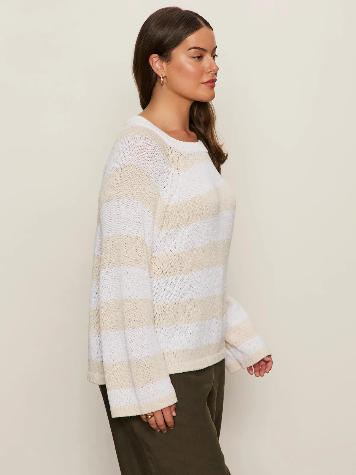 Textured Raglan Crew Sweater White/ Light Oat Stripe Extended Sizing