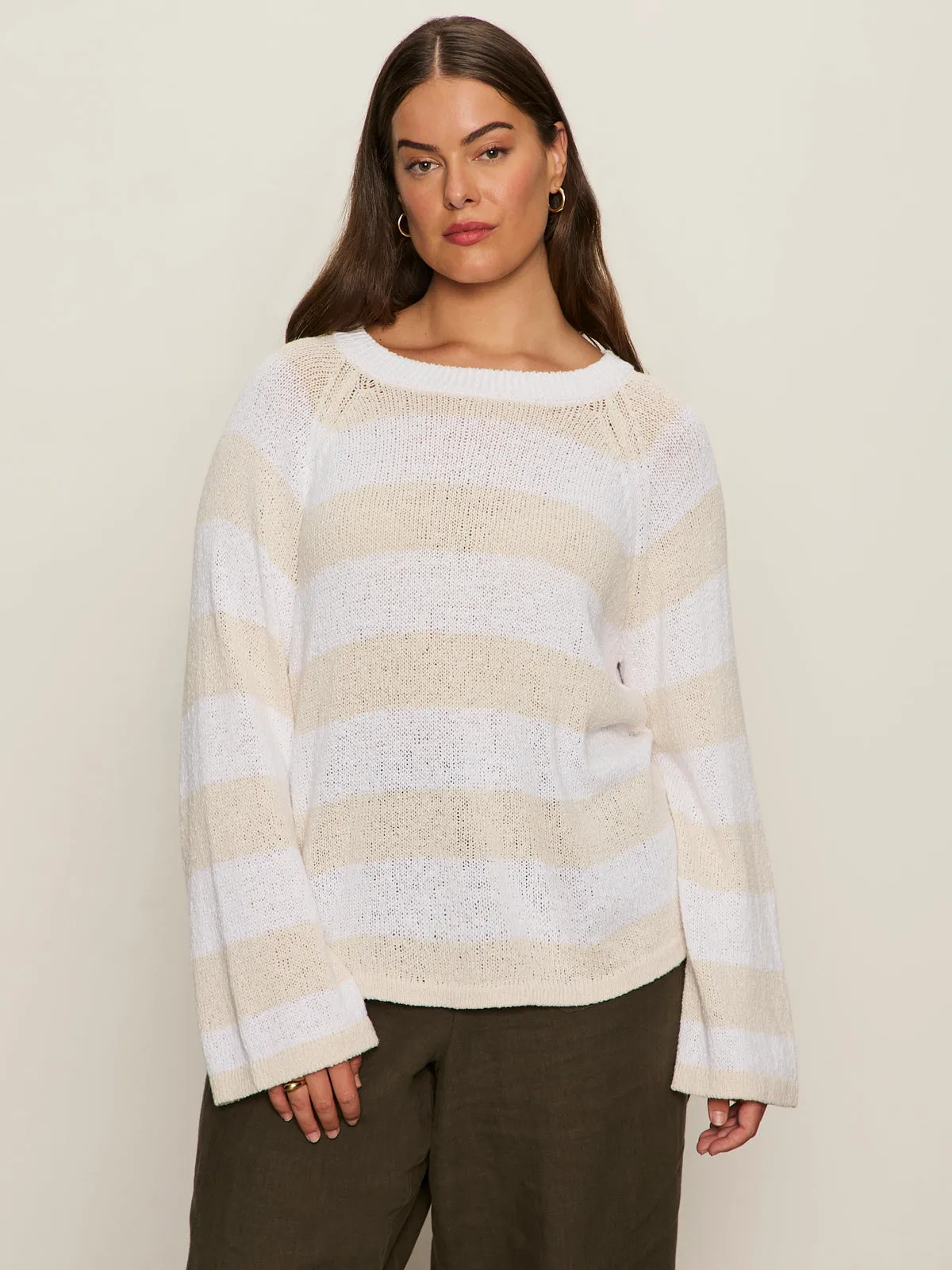 Textured Raglan Crew Sweater White/ Light Oat Stripe Extended Sizing