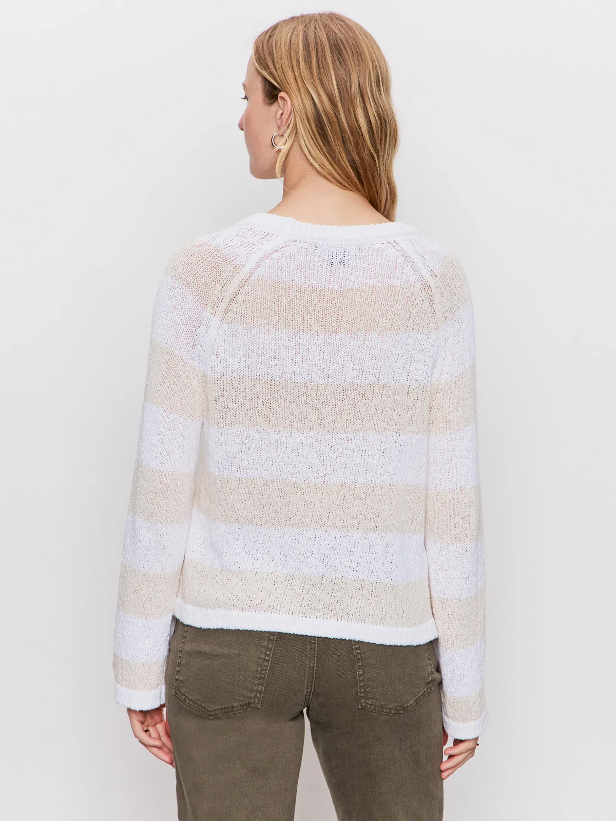 Textured Raglan Crew Sweater White/ Light Oat Stripe