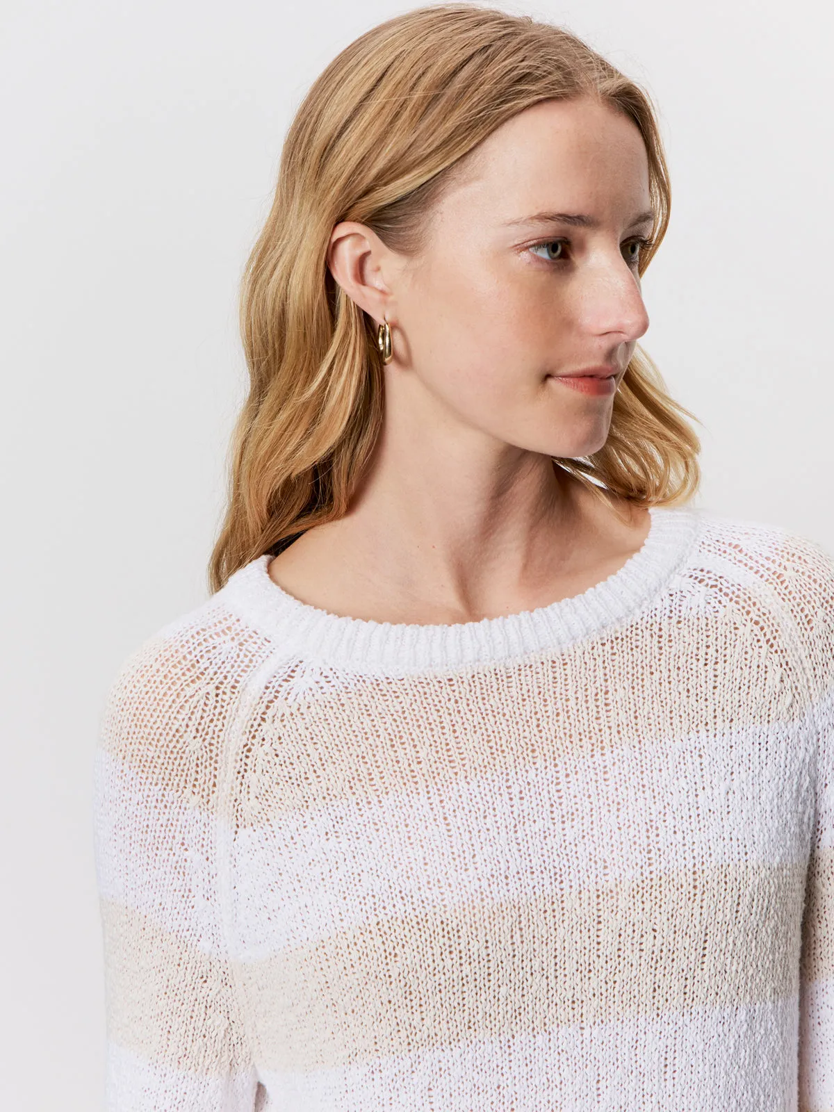 Textured Raglan Crew Sweater White/ Light Oat Stripe