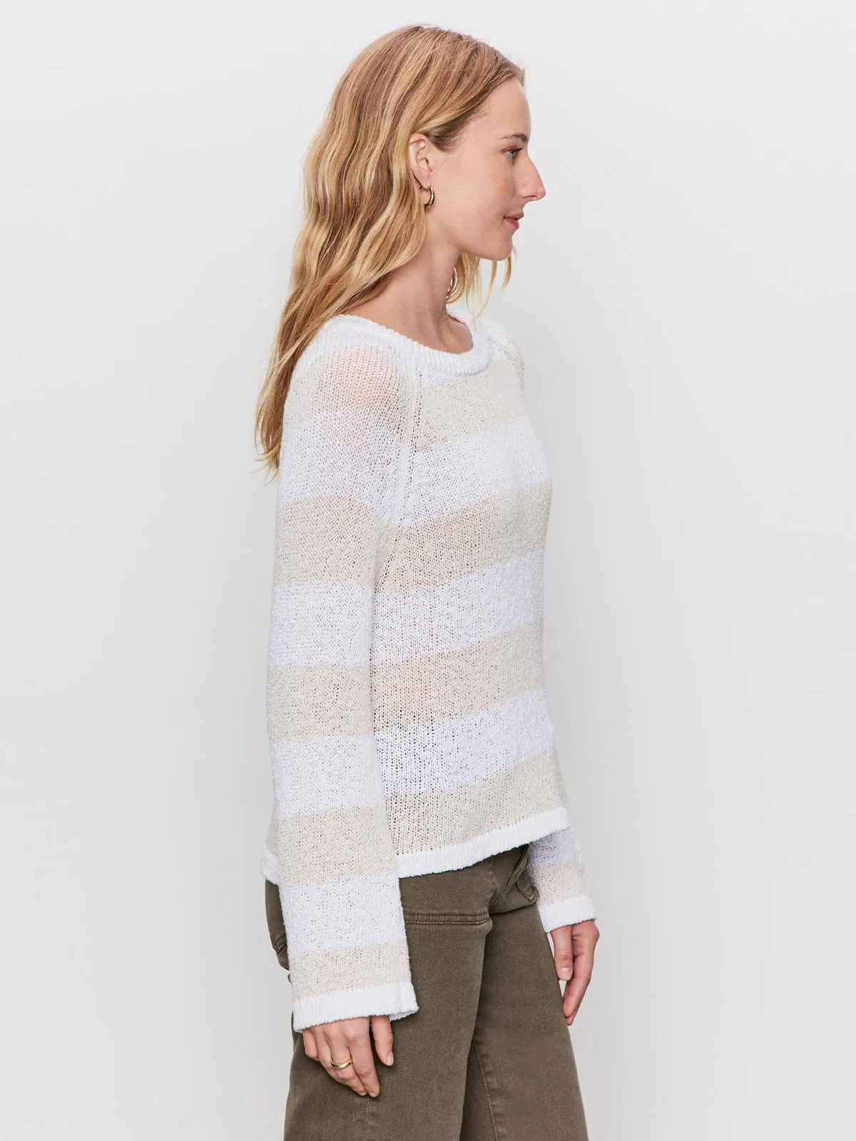 Textured Raglan Crew Sweater White/ Light Oat Stripe