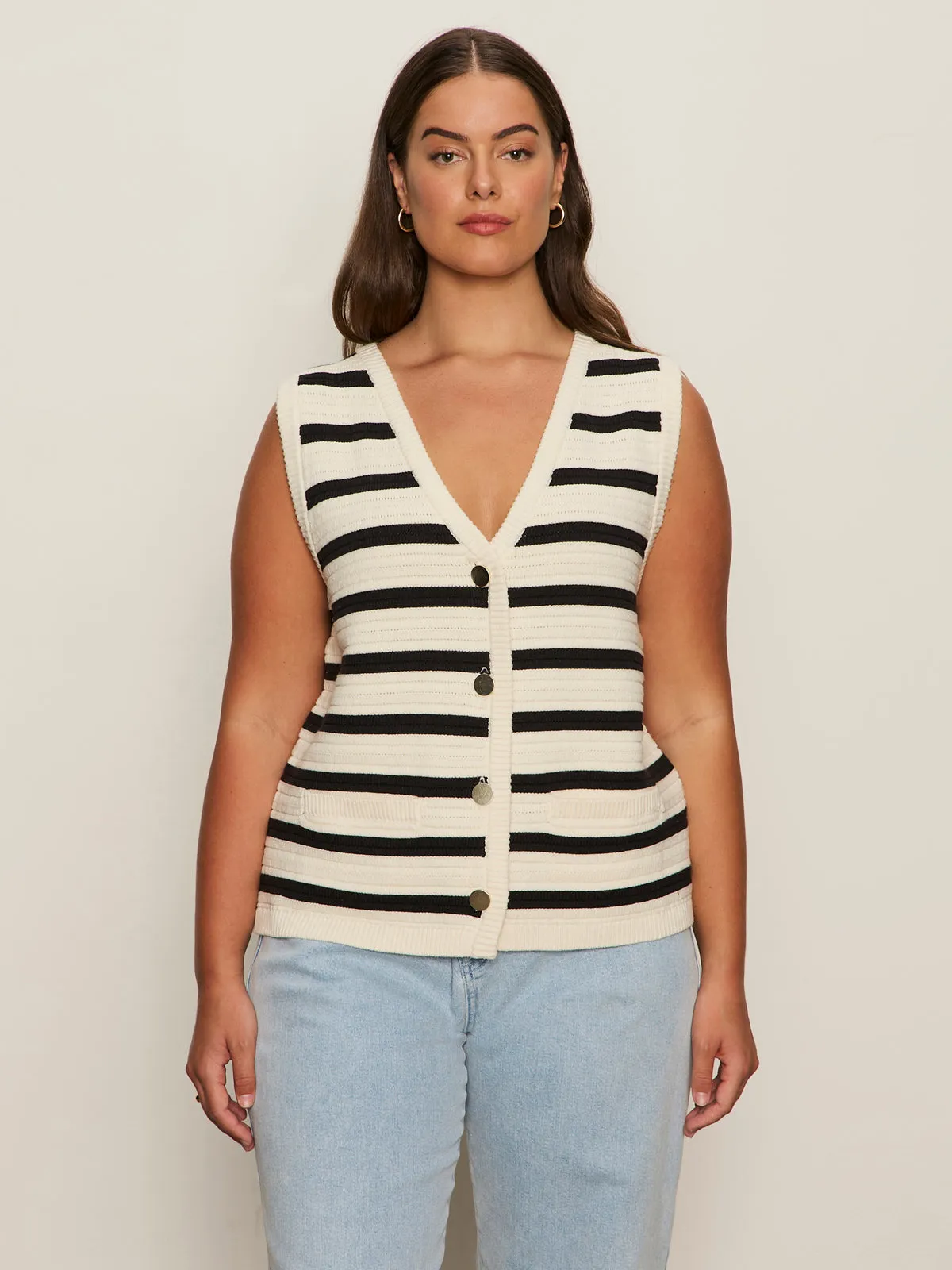 Textured Sweater Vest Macrame/ Black Stripe 3 Extended Sizing
