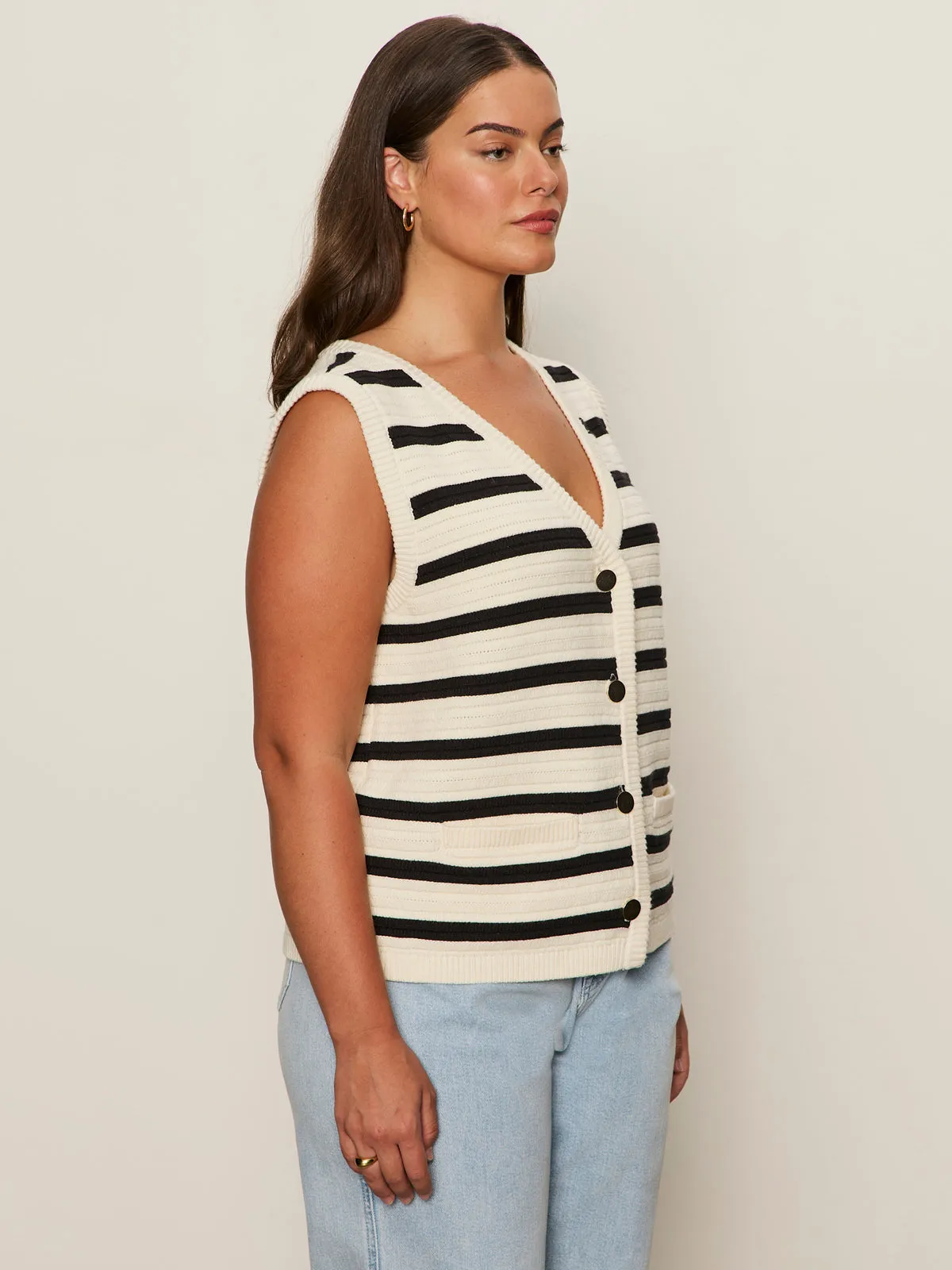 Textured Sweater Vest Macrame/ Black Stripe 3 Extended Sizing