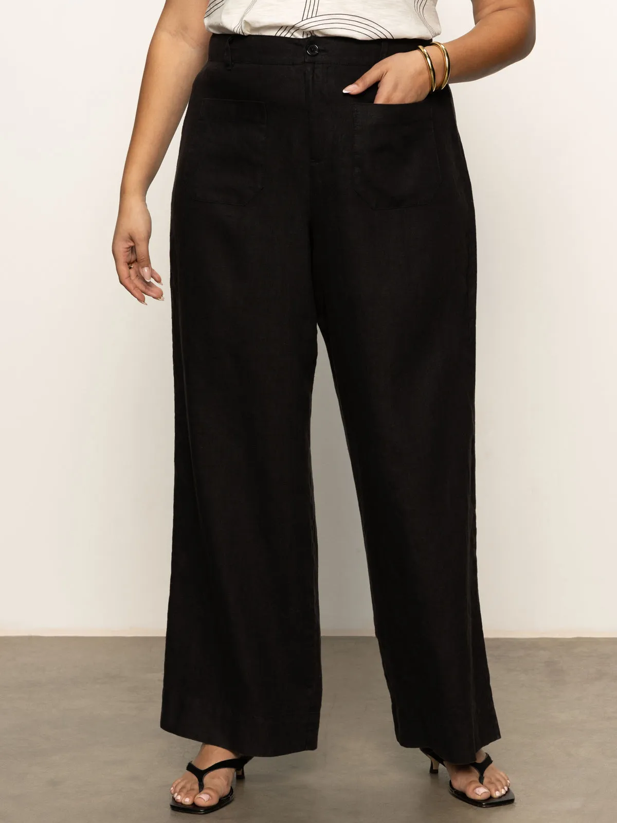 The Linen Marine Wide Leg Semi-High Rise Pant Black Extended Sizing