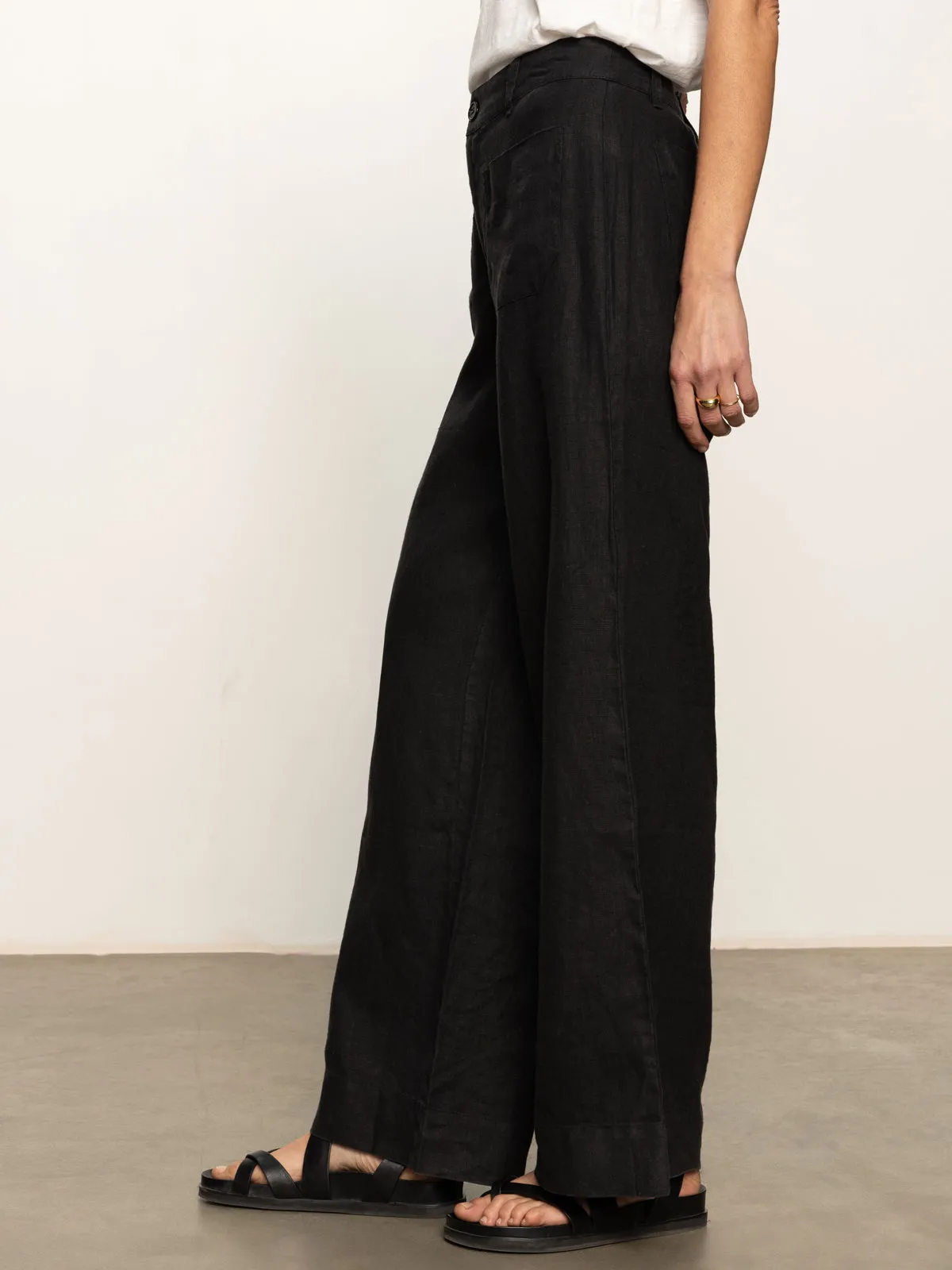 The Linen Marine Wide Leg Semi-High Rise Pant Black