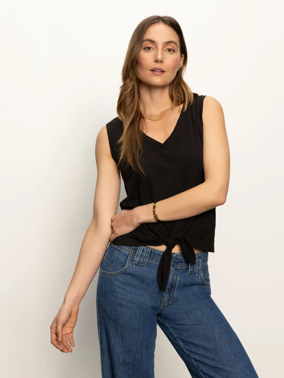 V-Neck Tie Tank Black