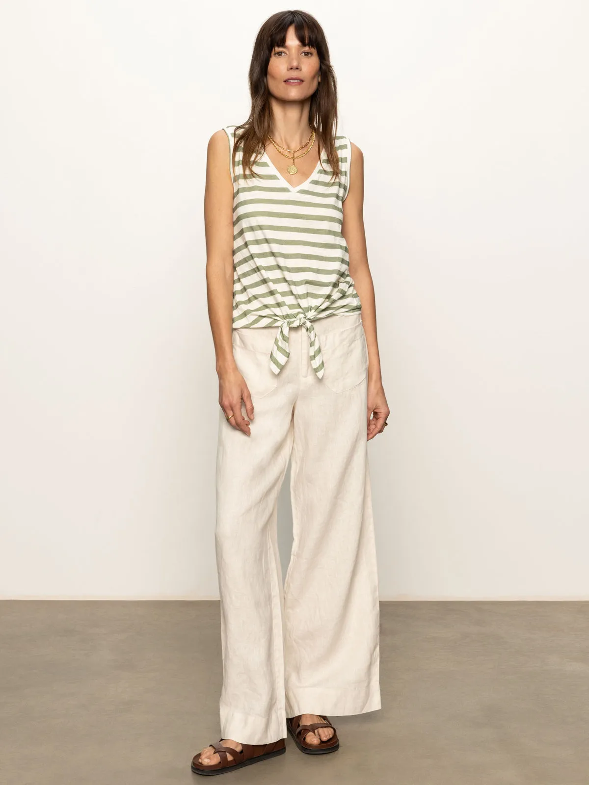 V-Neck Tie Tank Sage Muslin Stripe