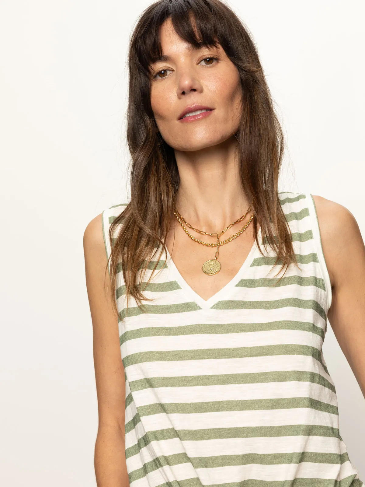 V-Neck Tie Tank Sage Muslin Stripe