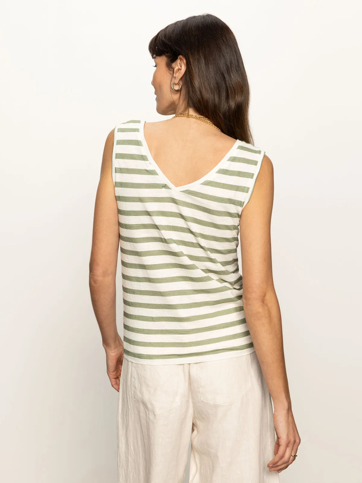 V-Neck Tie Tank Sage Muslin Stripe