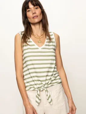 V-Neck Tie Tank Sage Muslin Stripe